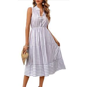 BROVAVE Purple Striped Sleeveless Shirt Dress V Neck Midi Dress Large